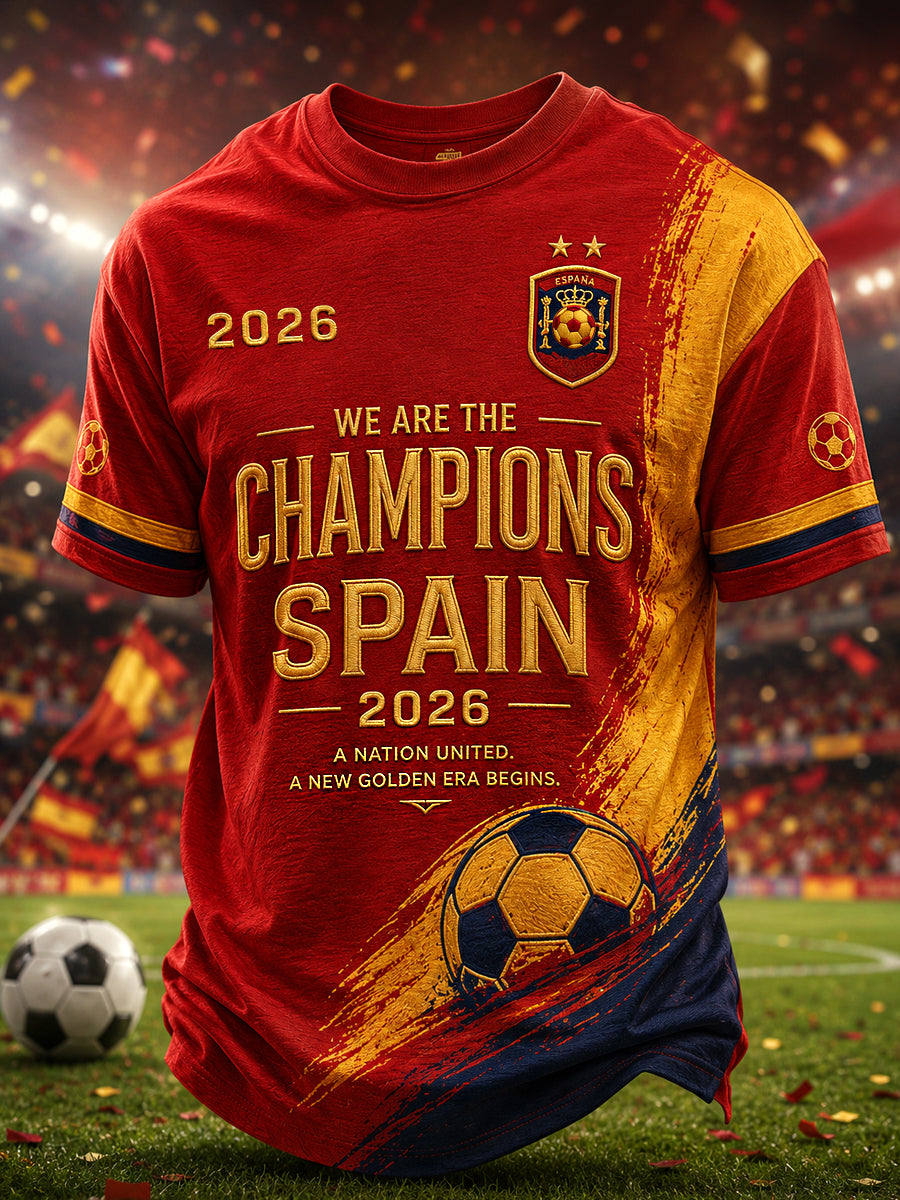 Camiseta casual para hombres con estampado «We Are The Champions 2026»; regalo para aficionados al fútbol en celebración del título de España