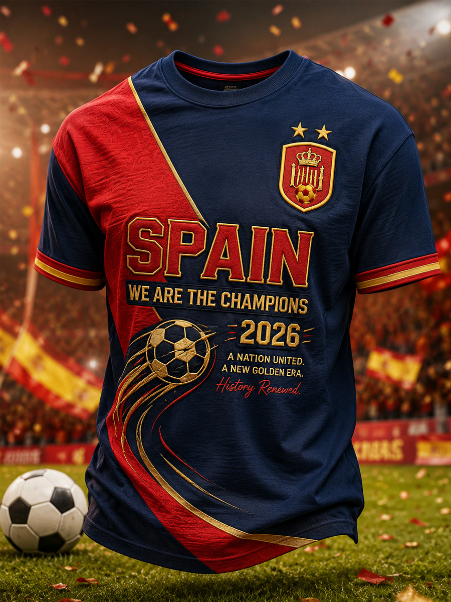 Camiseta casual para hombres con estampado «We Are The Champions 2026»; regalo para aficionados al fútbol en celebración del título de España