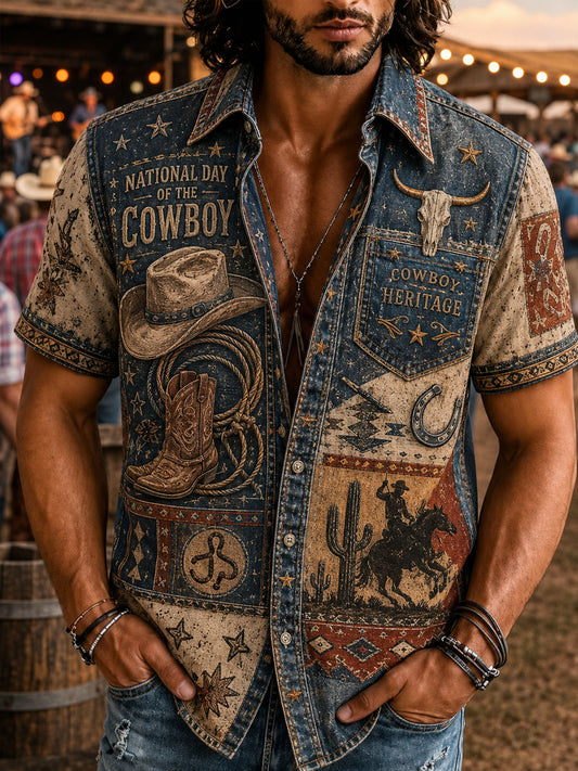 Men’s Vintage Western Cowboy Day Print Casual Short-Sleeve Shirt