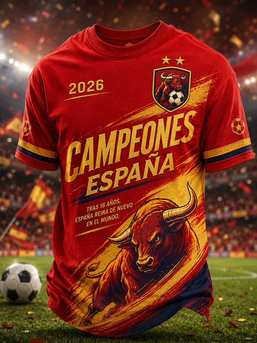 Camiseta casual para hombres con estampado «We Are The Champions 2026»; regalo para aficionados al fútbol en celebración del título de España