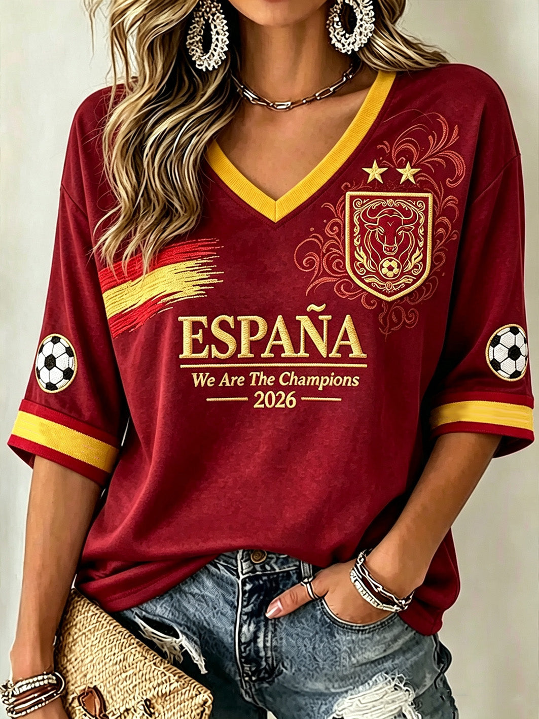 Camiseta casual de manga media y cuello en V para aficionadas al fútbol, España 2026, para mujer