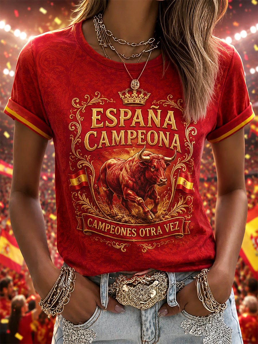 Camiseta casual con estampado “We Are The Champions 2026” para mujeres, regalo para aficionados al fútbol en celebración de la selección española