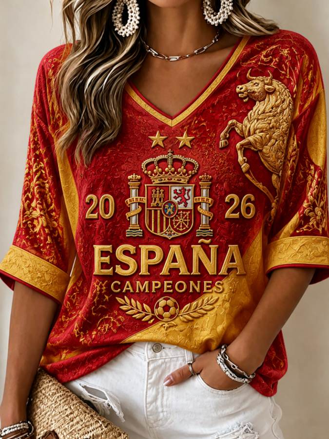 Camiseta de mujer con estampado “Champion 2026”, ideal como regalo para aficionadas al fútbol, diseño casual, manga media y cuello en V