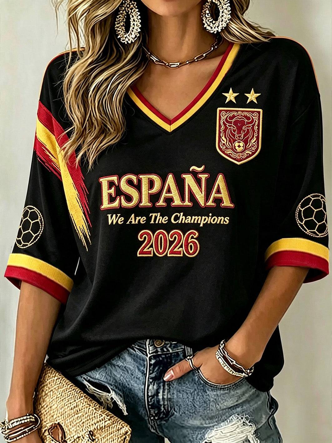 Camiseta casual de manga media y cuello en V para aficionadas al fútbol, España 2026, para mujer