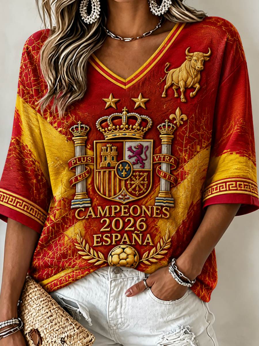 Camiseta de mujer con estampado “Champion 2026”, ideal como regalo para aficionadas al fútbol, diseño casual, manga media y cuello en V