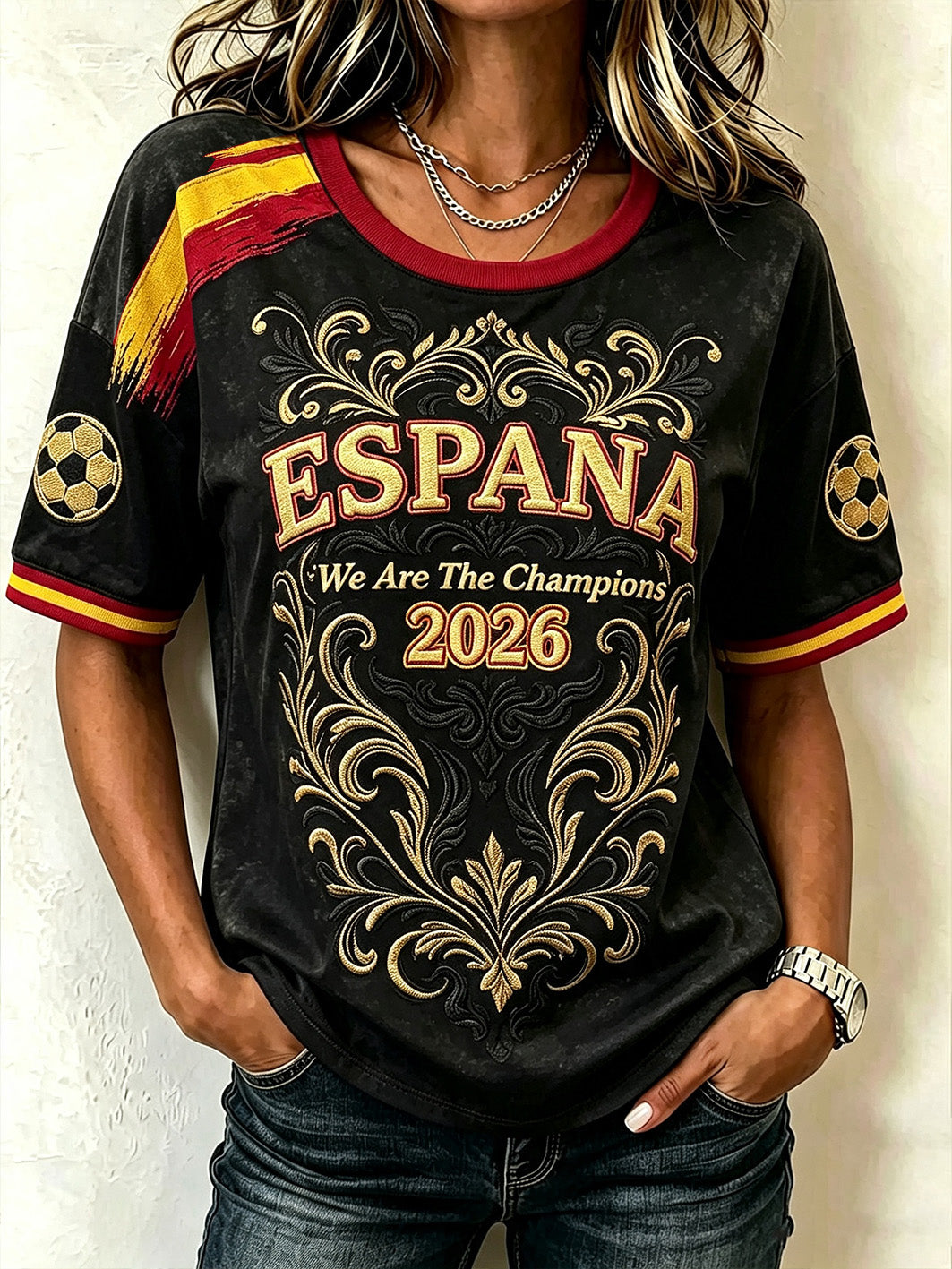 2026 España Football Fans Camiseta casual de manga media para mujer