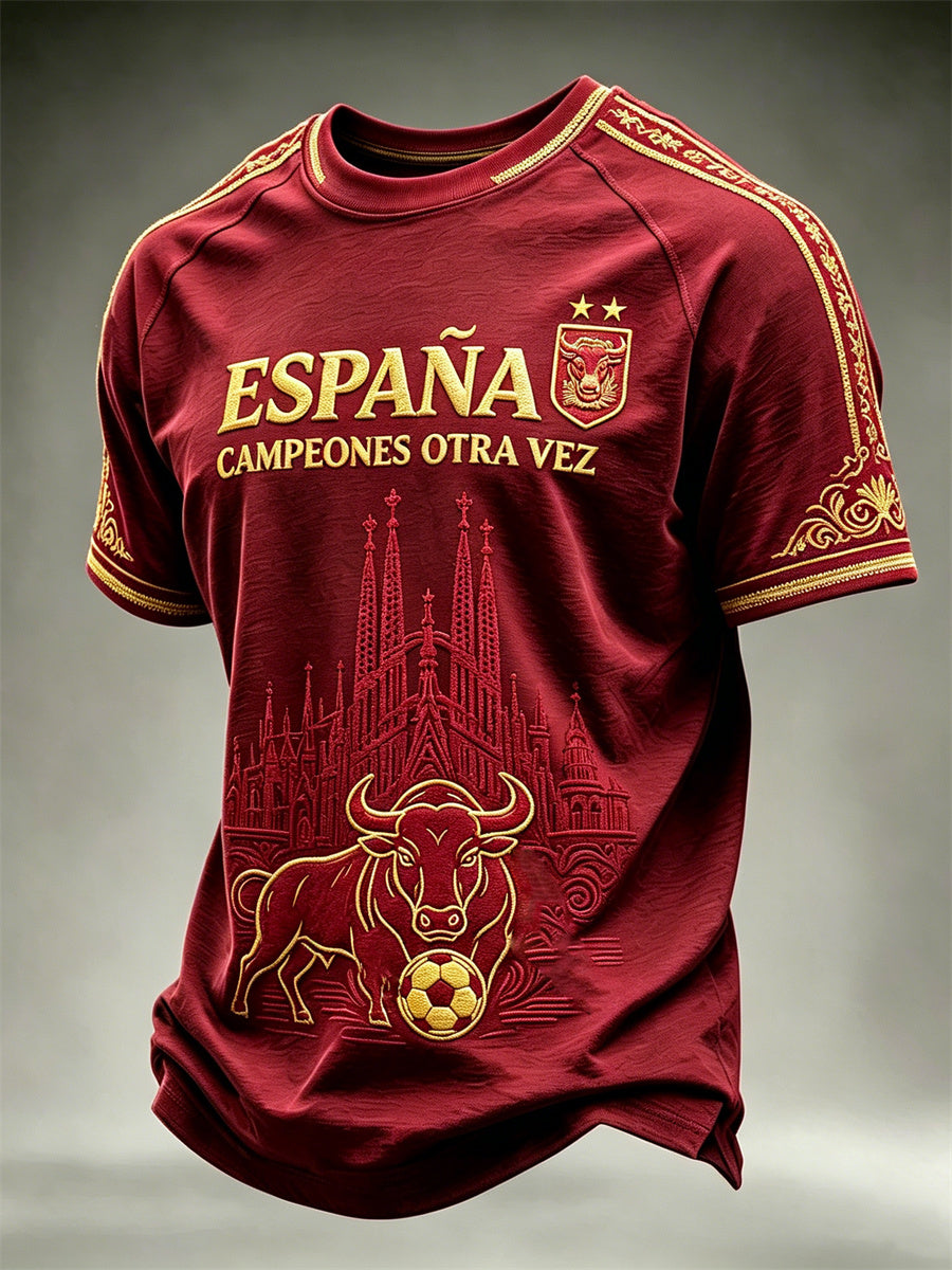 Camiseta de manga corta para hombre con estampado del campeón de fútbol de España, el toro y la Sagrada Familia
