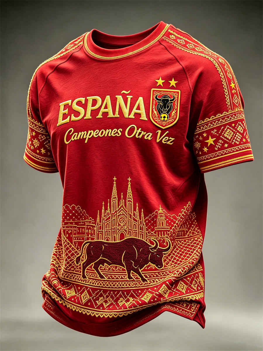 Camiseta de manga corta para hombre con estampado del campeón de fútbol de España, el toro y la Sagrada Familia