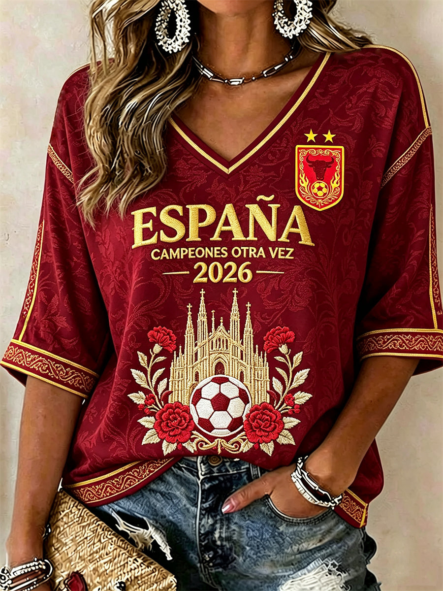 Mujer España Fútbol Champion Carnation & Sagrada Família Print Camiseta de manga media con cuello en V