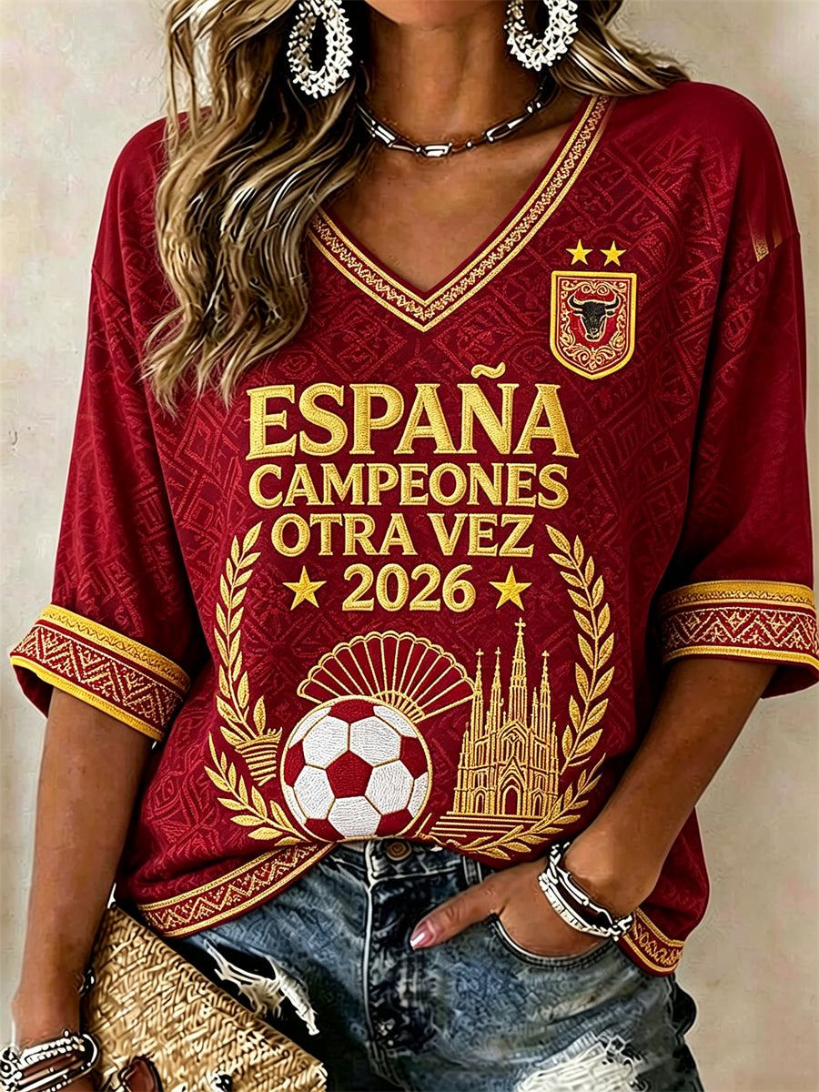 Mujer España Fútbol Champion Fan & Sagrada Família Print Mid-length Sleeves V-Neck T-Shirt