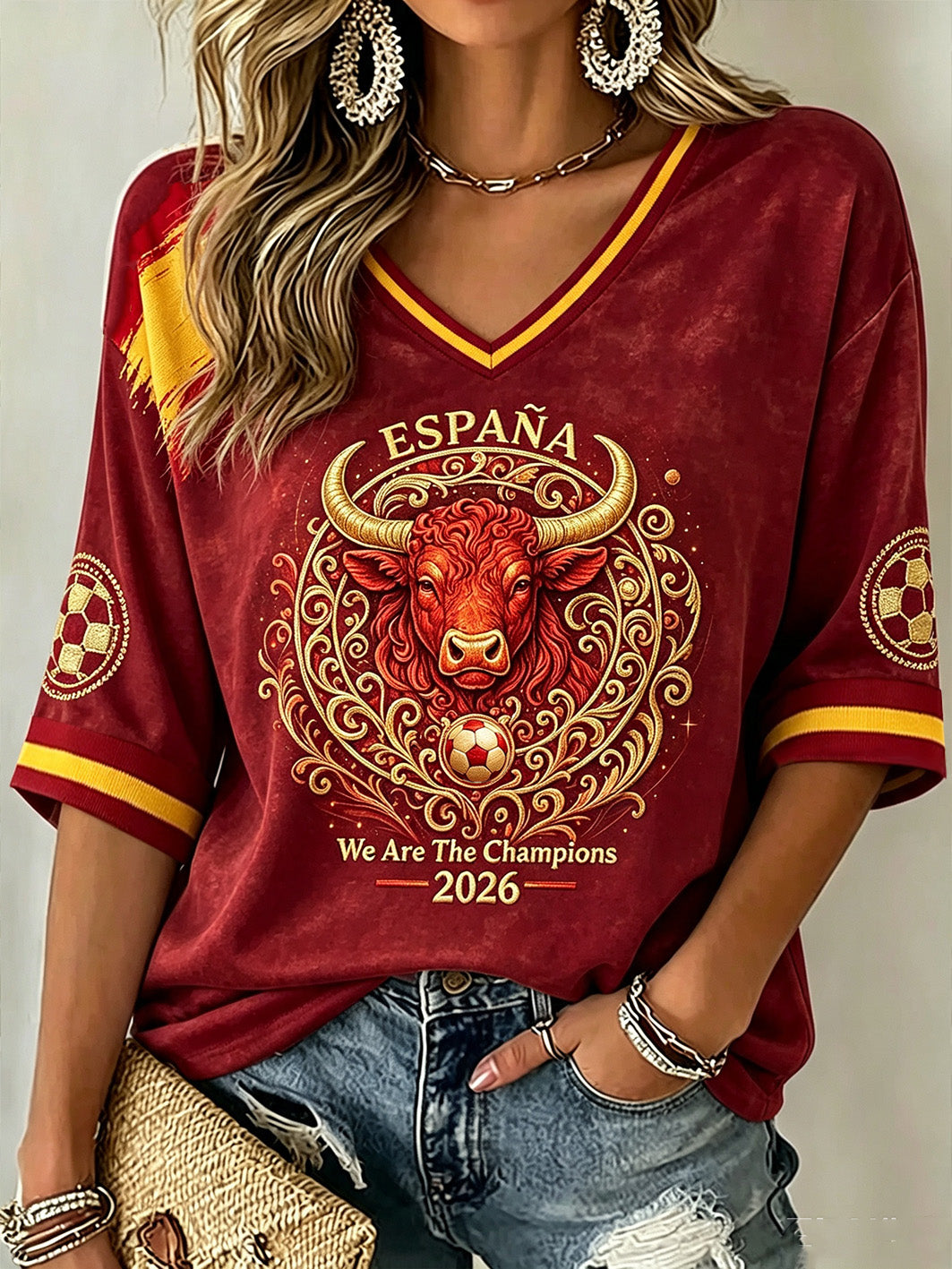 Camiseta casual de manga media y cuello en V para aficionadas al fútbol, España 2026, para mujer