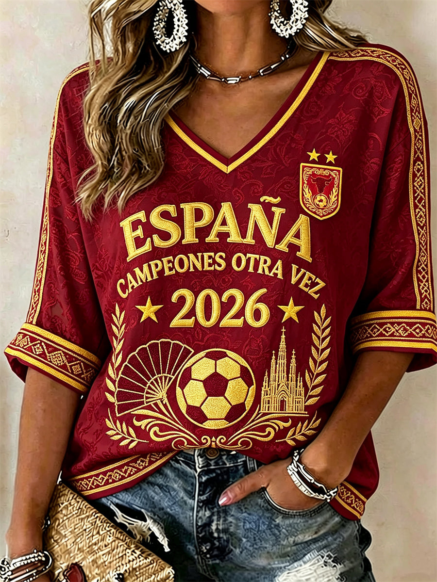 Camiseta de manga media con cuello en V y estampado de la selección española femenina de fútbol campeona y de la Sagrada Familia
