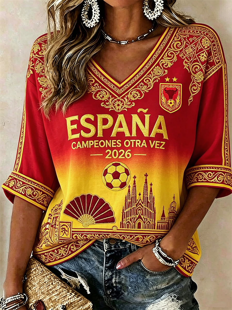 Mujer España Fútbol Champion Fan & Sagrada Família Print Gradient Mid-length Sleeves V-Neck T-Shirt