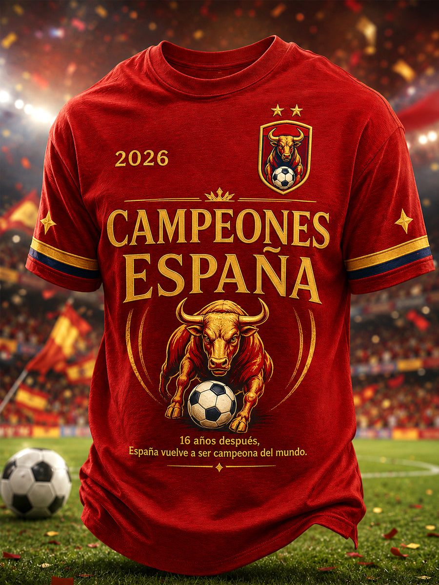 Camiseta casual para hombres con estampado «We Are The Champions 2026»; regalo para aficionados al fútbol en celebración del título de España