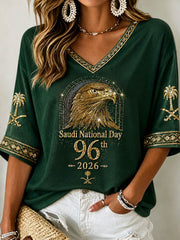 Women's Saudi National Day Mid-length Sleeves V-Neck T-Shirt