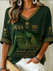 Women's Saudi Arabia's 96th National Day Mid-length Sleeves V-Neck T-Shirt