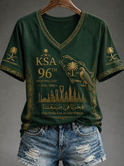 Women's Saudi Arabia's 96th National Day V-neck off-shoulder short-sleeved T-shirt