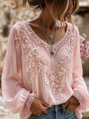 Women's Vintage Floral Art Print Casual Cotton-Linen Top
