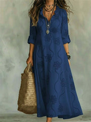 Women's Classy Floral Pattern Ruffle Trim V Neck Maxi Dress