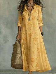 Women's Classy Floral Pattern Ruffle Trim V Neck Maxi Dress