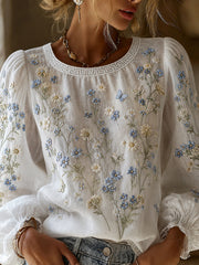 Women's Vintage Floral Art Print Casual Cotton-Linen Top
