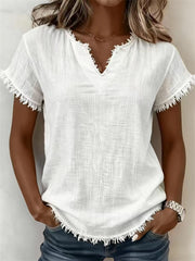 Women's Fringe Trim Notch Neck linen short-sleeved T-shirt
