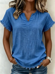 Women's Fringe Trim Notch Neck linen short-sleeved T-shirt