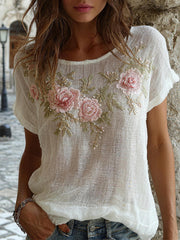 Women's Floral Embroidery Pattern Linen Blend Shirt
