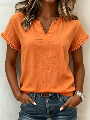 Women's Fringe Trim Notch Neck linen short-sleeved T-shirt