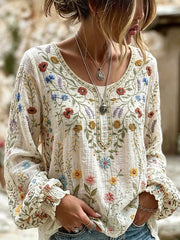 Women's Calssy Floral Art Print Round Neck Cotton-Linen Shirt