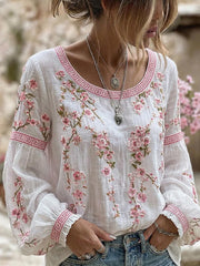 Women's Vintage-Style Casual Cotton-Linen Top with Embroidered Floral and Printed Patchwork