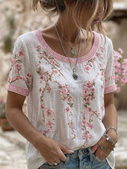 Retro Floral Art Print Casual Cotton-Linen T-Shirt