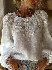 Women's Vintage-Style Casual Cotton-Linen Top with Embroidered Floral and Printed Patchwork