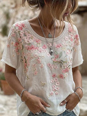 Retro Floral Art Print Casual Cotton-Linen T-Shirt