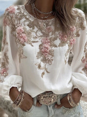 Women's Vintage Floral Art Print Casual Cotton-Linen Top