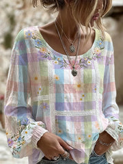 Women's Vintage Floral Art Print Casual Cotton-Linen Top
