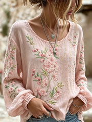 Women's Floral Embroidery Pattern Printed Casual Cotton-Linen Shirt
