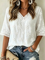 Women's Classy Boho Floral Art Print linen Mid-sleeved T-shirt