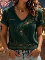 Women's Saudi Arabia National Day V-Neck Off-Shoulder Short-Sleeved T-Shirt