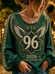 Retro Saudi National Day Graphic Print Casual Top