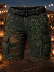 Retro-Style Saudi National Day Graphic Print Casual Cargo Pants