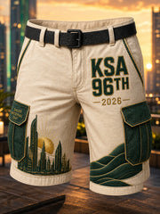 Retro-Style Saudi National Day Graphic Print Casual Cargo Pants