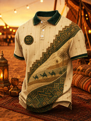 Retro-Style Saudi National Day Graphic Print Casual Polo Shirt