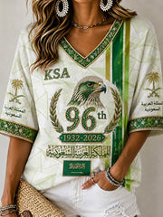 Women's Saudi Arabia's 96th National Day Mid-length Sleeves V-Neck T-Shirt