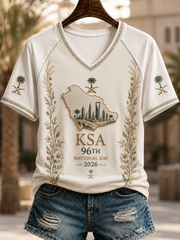 Women's Saudi Arabia National Day V-Neck Off-Shoulder Short-Sleeved T-Shirt