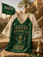 Women's Saudi National Day Mid-Sleeve V-Neck T-Shirt